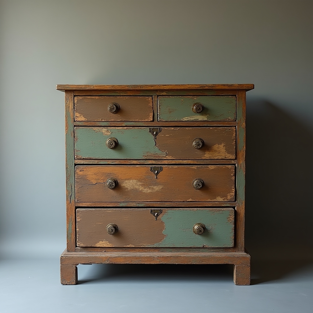 Mueble antiguo antes de ser restaurado, con pintura desgastada y madera envejecida
