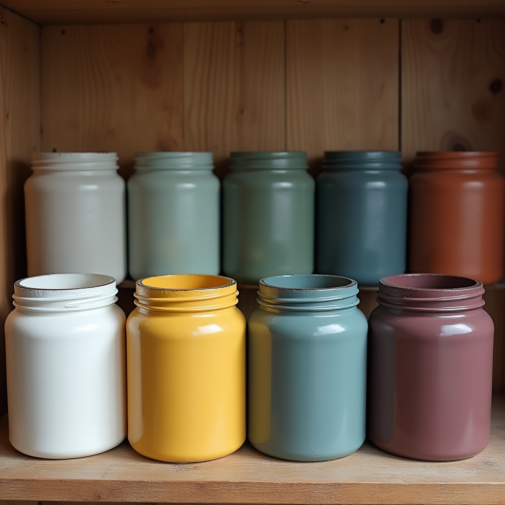 Colección de botes de chalk paint en distintos colores sobre estantería de taller