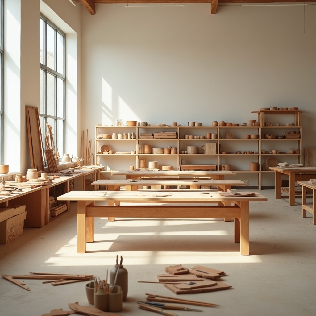 Vista del taller de restauración con muebles en proceso
