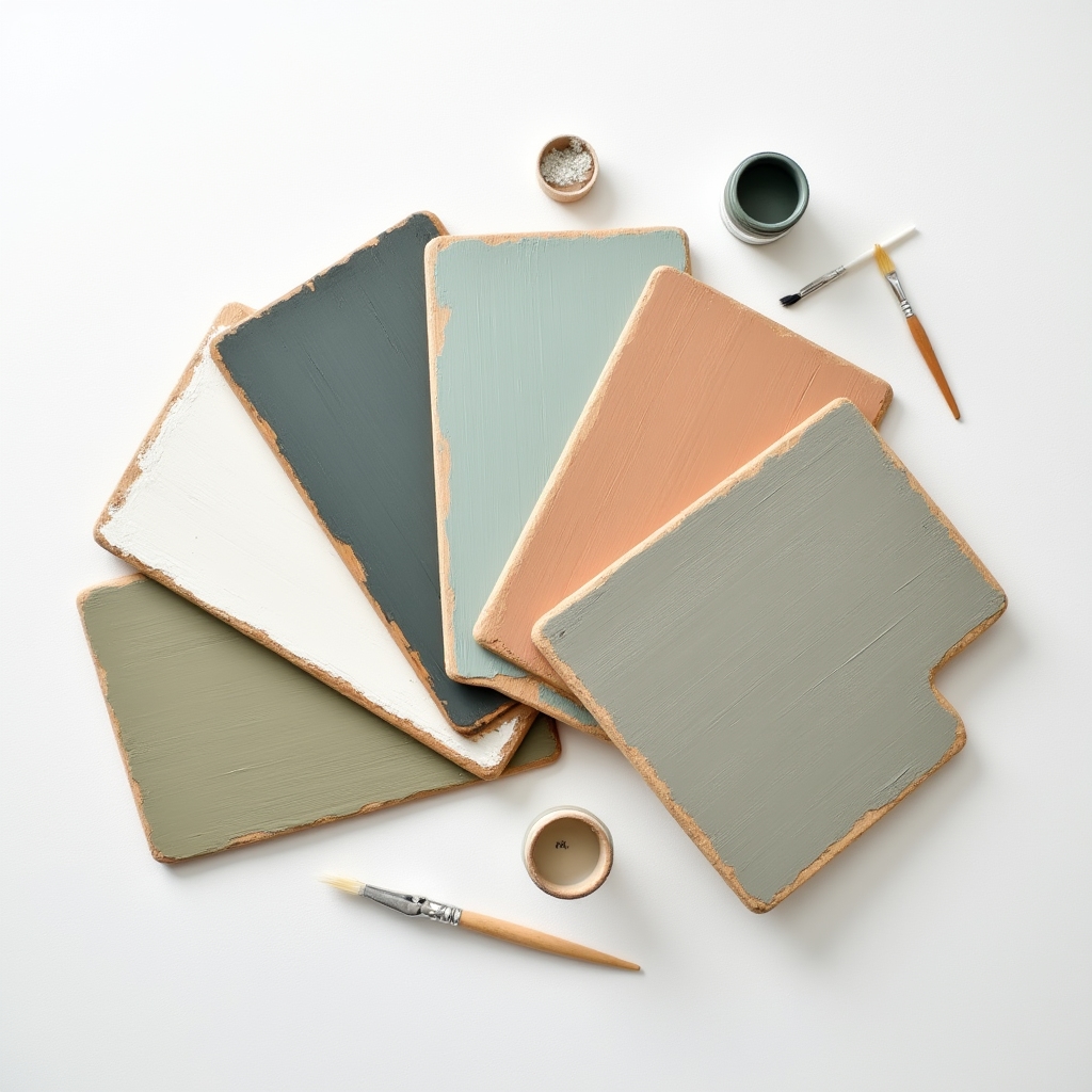 Muestras de colores de pintura de leche sobre tabla de madera