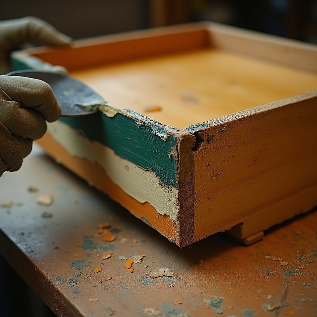 Proceso de decapado de mueble antiguo con herramientas manuales