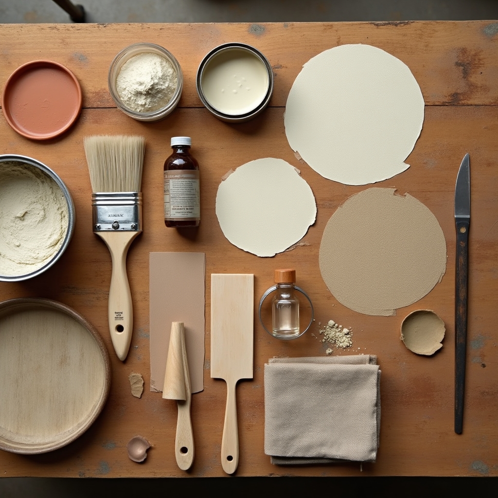 Disposición de herramientas y materiales de restauración sobre mesa de taller